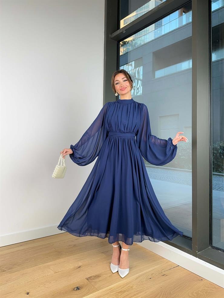 Uzun Tül Kol Zora Kadın Lacivert Elbise 23Y000496