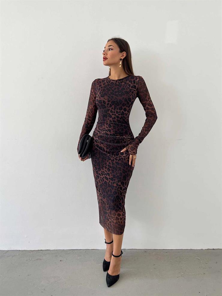 Uzun Tül Kol Zub Desenli Kahve Midi Boy Tül Elbise 24k000005