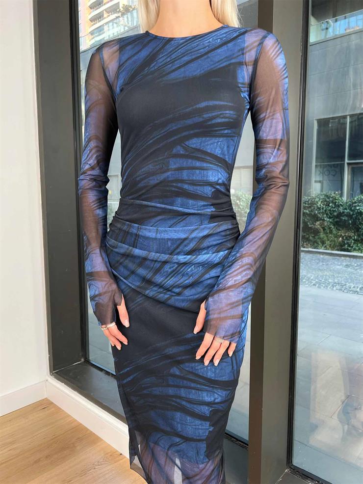 Uzun Tül Kol Zub Desenli Mavi Midi Boy Tül Elbise 24k000005