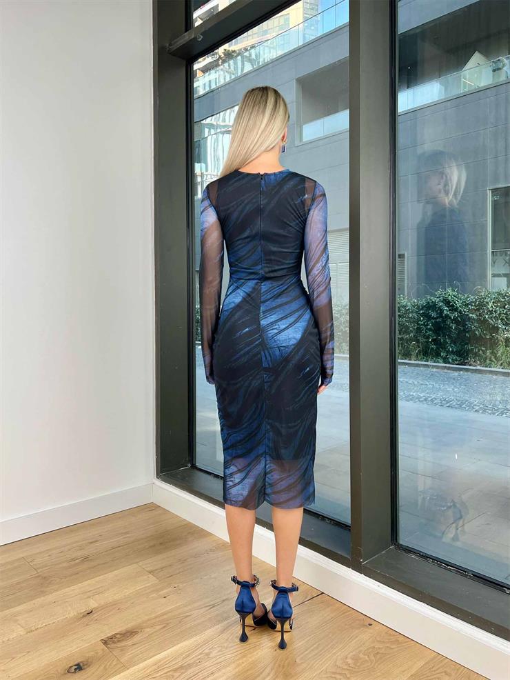 Uzun Tül Kol Zub Desenli Mavi Midi Boy Tül Elbise 24k000005