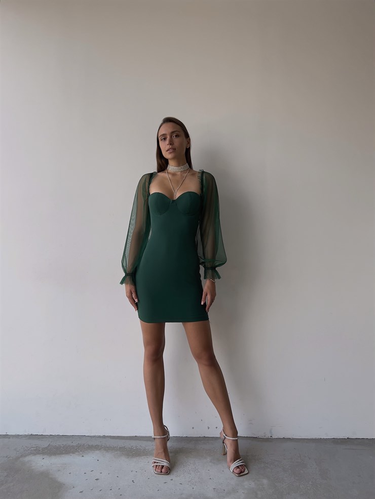 Uzun Tül Lastik Kol Kalp Yaka Göğüs Pedli Ohanna Kadın Yeşil Mini Elbise 23K000041