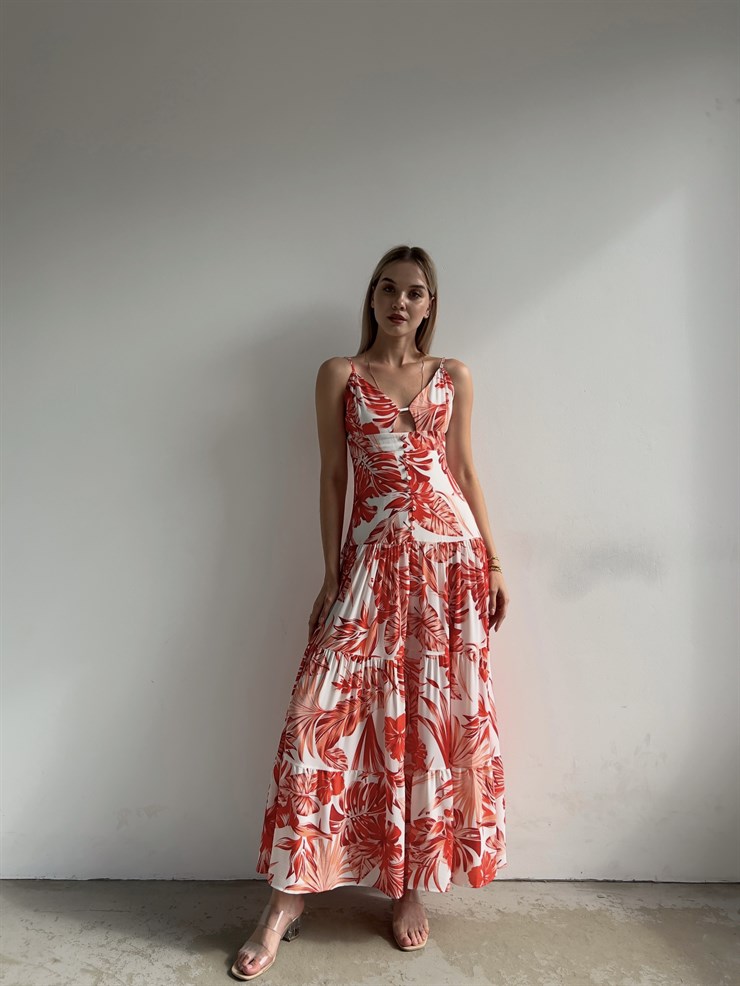 Uzun Yaprak Desenli Göğüs Pencereli Volanlı Pelike Kadın Kırmızı Elbise 22Y000391