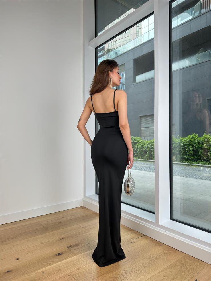 İnce Askılı V yaka Streç Vítek Kadın Siyah Streç Maxi Elbise 24Y467
