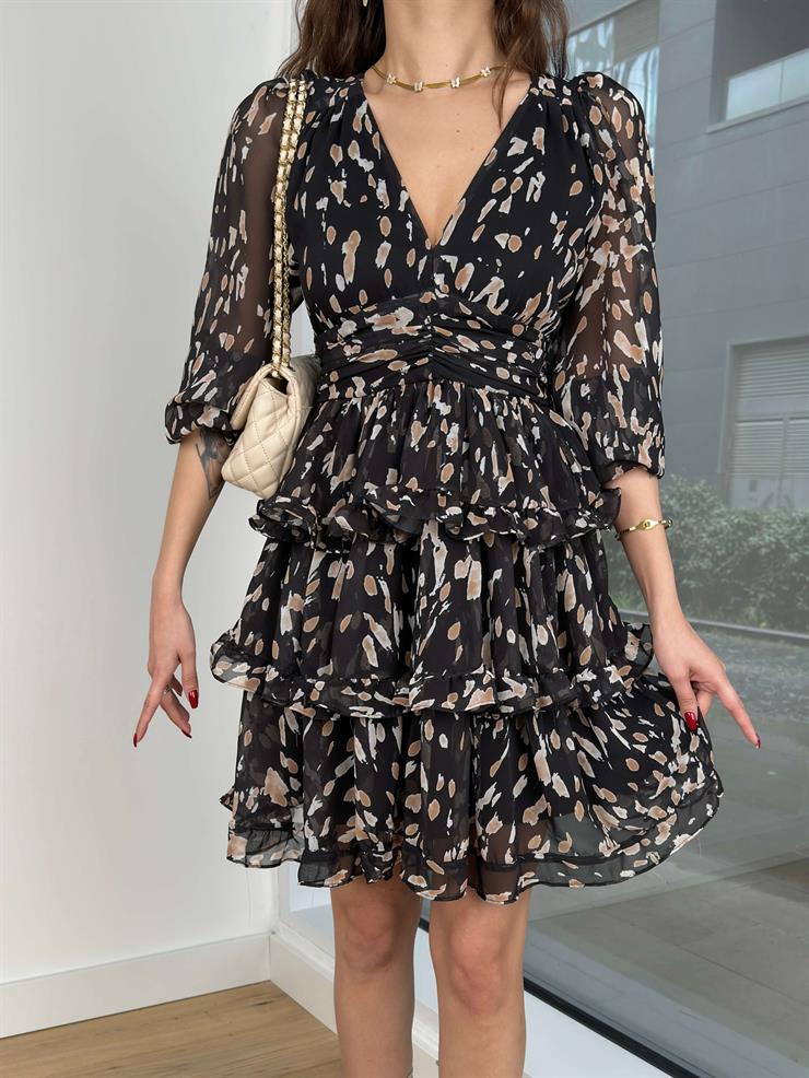 V yaka Belden Oturtmalı Eteği Katlı Sırt Dekolteli Portela Kadın Siyah Mini Elbise 24Y306