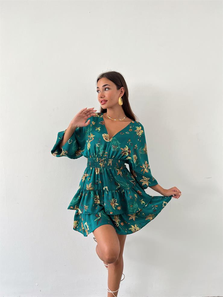 V Yaka Beli Gipeli Eteği Katlı Actual Kadın Zümrüt Mini Elbise 23Y000576