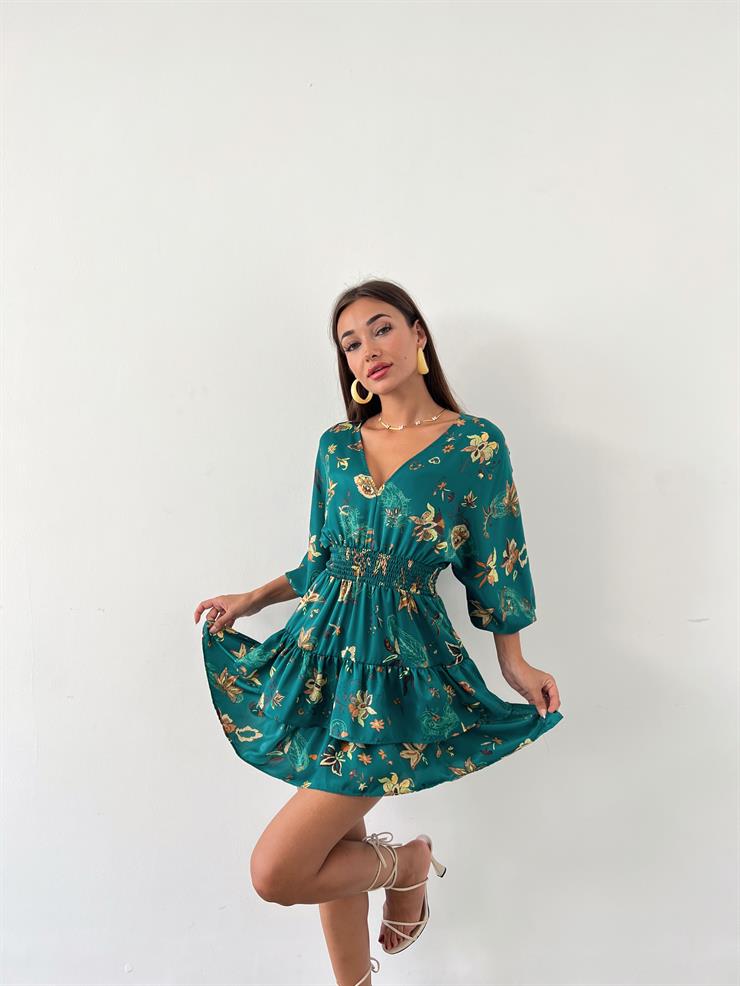 V Yaka Beli Gipeli Eteği Katlı Actual Kadın Zümrüt Mini Elbise 23Y000576