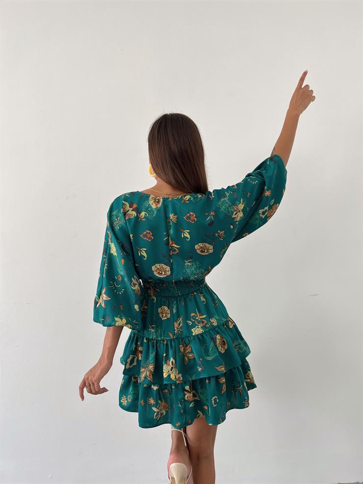 V Yaka Beli Gipeli Eteği Katlı Actual Kadın Zümrüt Mini Elbise 23Y000576