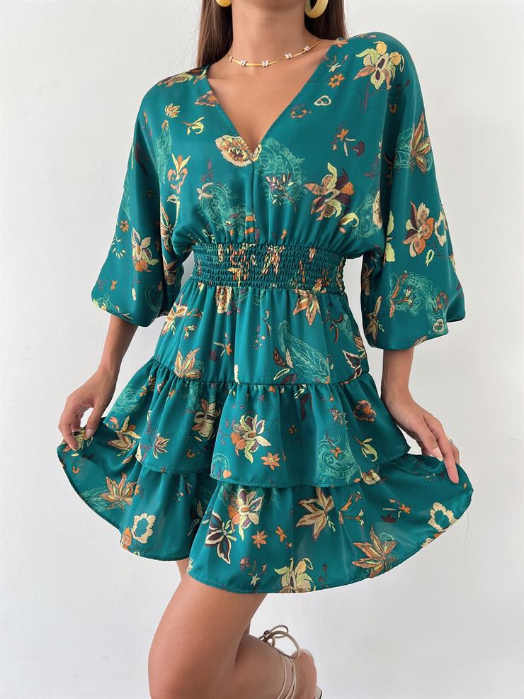 V Yaka Beli Gipeli Eteği Katlı Actual Kadın Zümrüt Mini Elbise 23Y000576