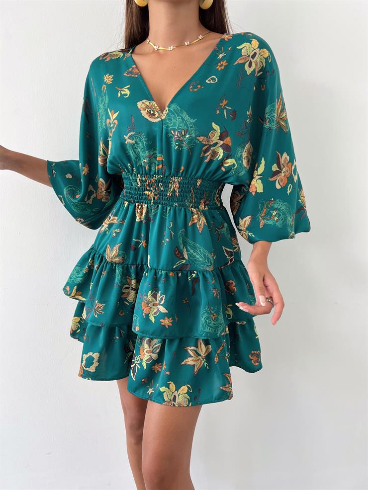 V Yaka Beli Gipeli Eteği Katlı Actual Kadın Zümrüt Mini Elbise 23Y000576