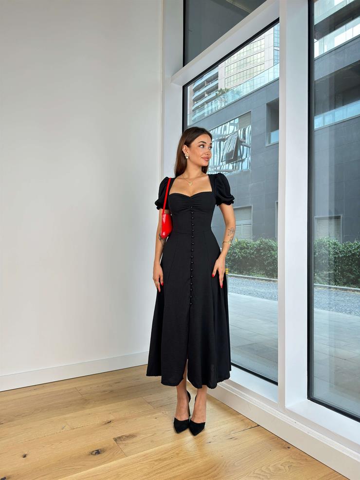 Kısa Kol Önü Düğmeli Göğüs Kısmı Büzgülü Arsen Kadın Siyah Elbise 24Y827