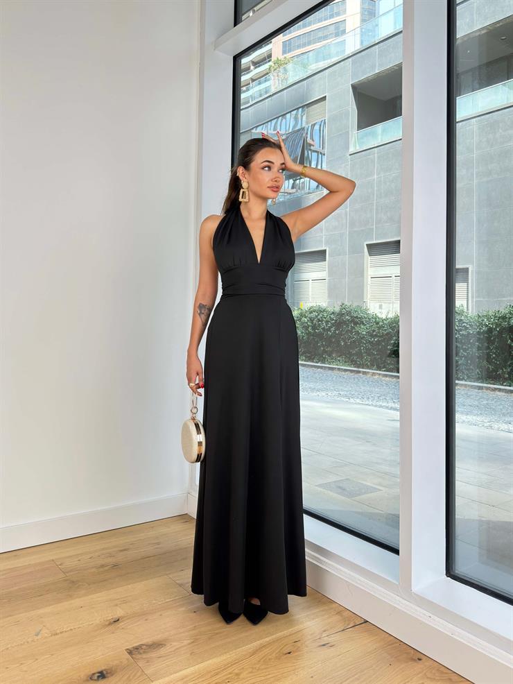 V Yaka Boyundan Bağlamalı Moren Kadın Siyah Elbise 24Y831