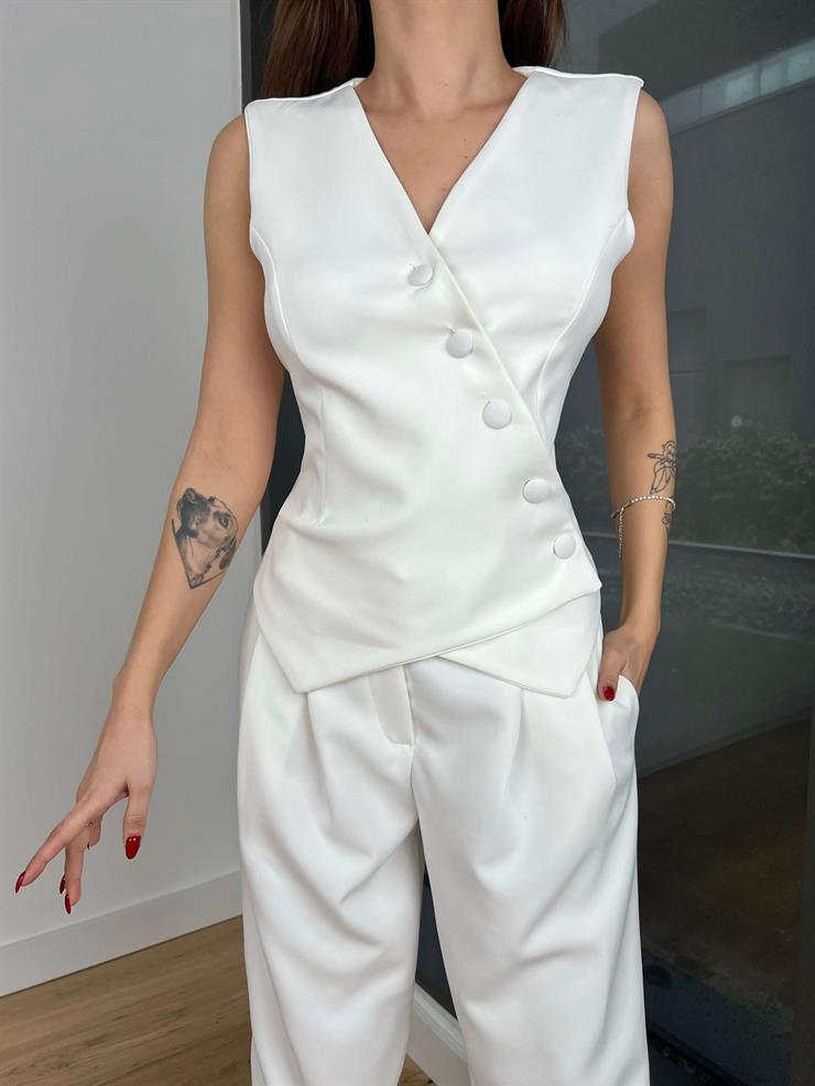 V Yaka Çapraz Düğmeli Yelek Yüksek Bel Pens Detaylı Pantolon Alisha Kadın Ekru Takım 24k417