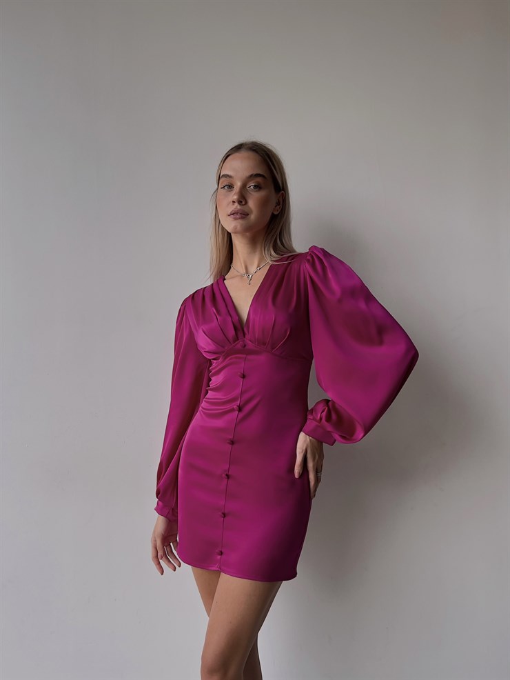 V Yaka Düğme Detay Uzun Kollu Nerolia Kadın Fuşya Elbise 23K000089