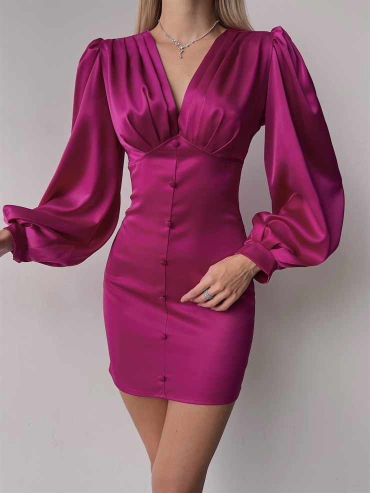 V Yaka Düğme Detay Uzun Kollu Nerolia Kadın Fuşya Elbise 23K000089