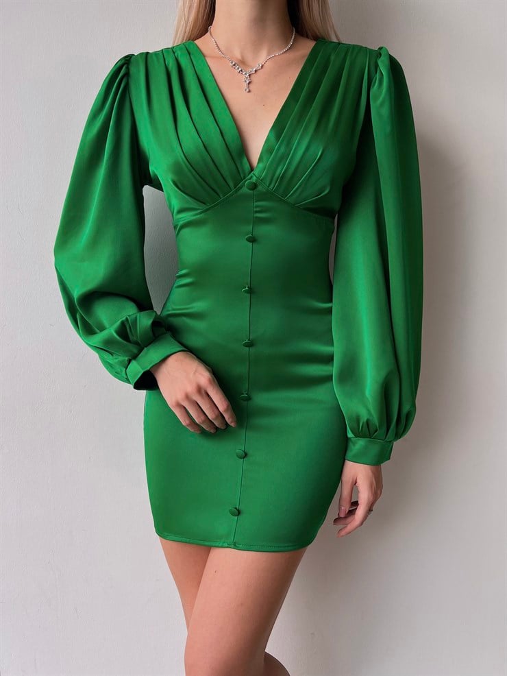 V Yaka Düğme Detay Uzun Kollu Nerolia Kadın Zümrüt Elbise 23K000089