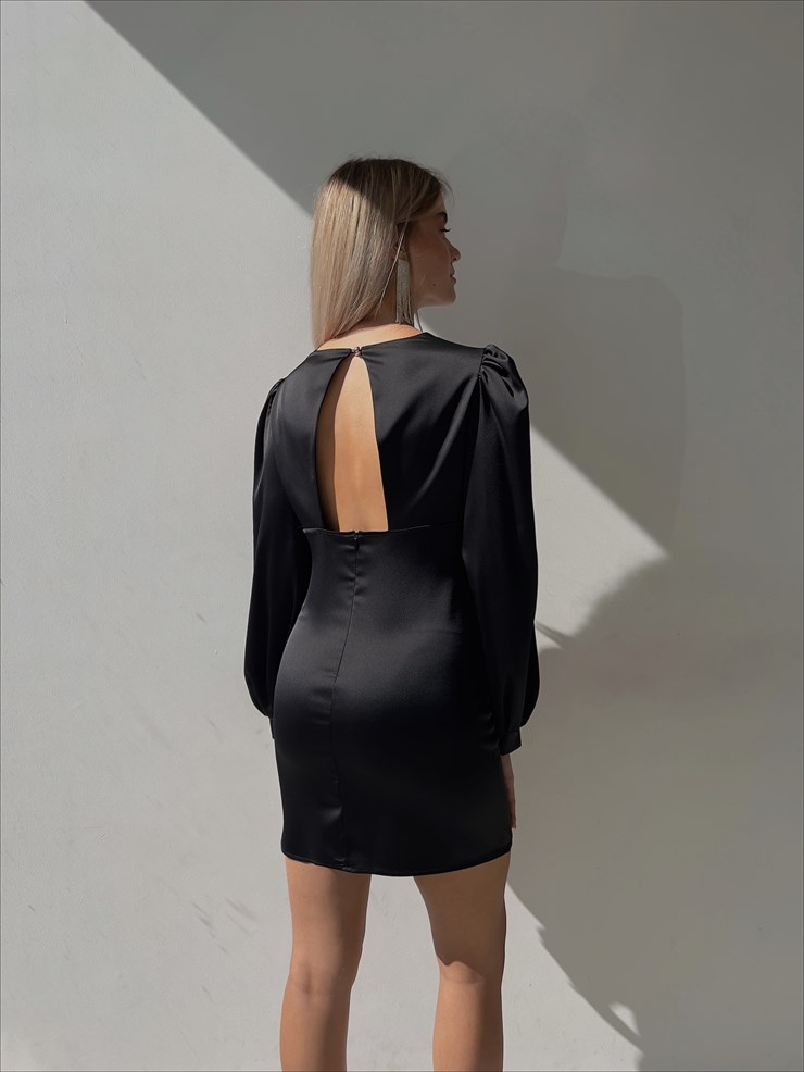 V Yaka Düğme Detay Uzun Kollu Nerolia Kadın Siyah Elbise 23K000089