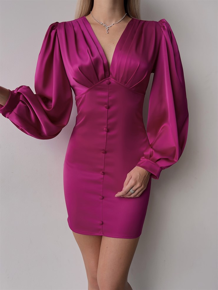 V Yaka Düğme Detay Uzun Kollu Nerolia Kadın Fuşya Elbise 23K000089