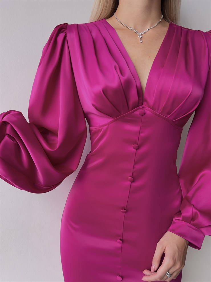 V Yaka Düğme Detay Uzun Kollu Nerolia Kadın Fuşya Elbise 23K000089