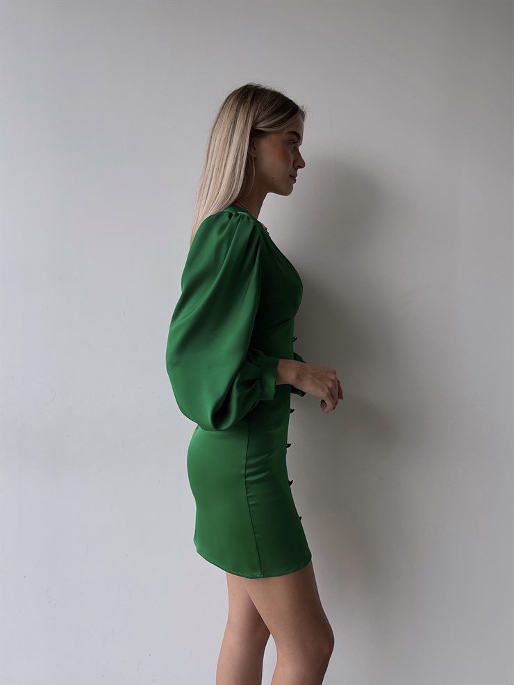 V Yaka Düğme Detay Uzun Kollu Nerolia Kadın Zümrüt Elbise 23K000089