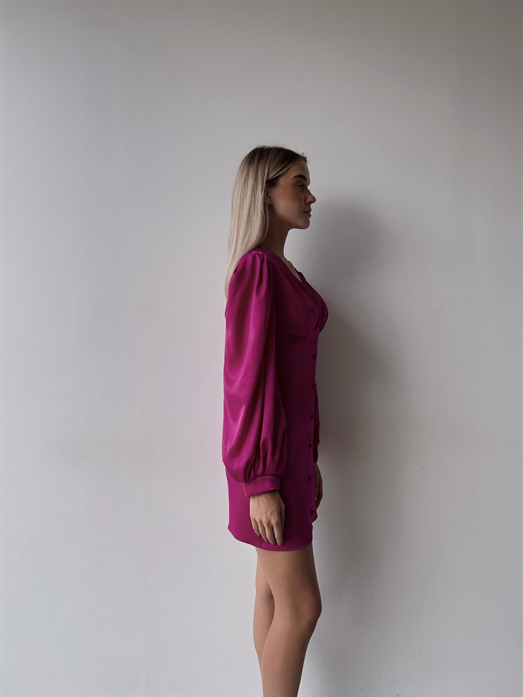 V Yaka Düğme Detay Uzun Kollu Nerolia Kadın Fuşya Elbise 23K000089