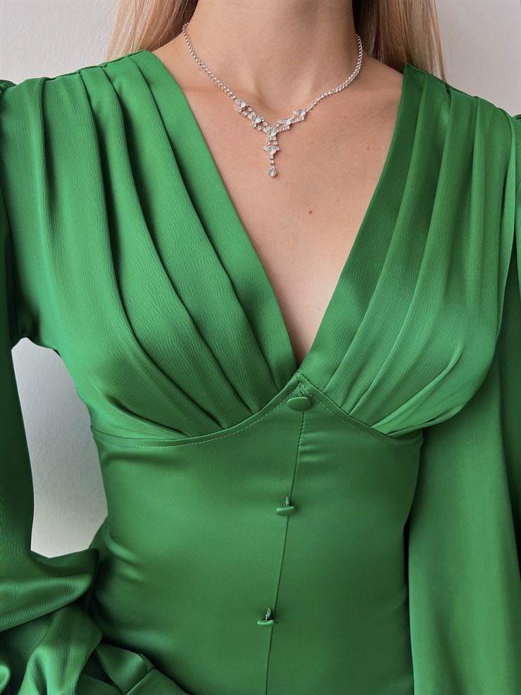 V Yaka Düğme Detay Uzun Kollu Nerolia Kadın Zümrüt Elbise 23K000089