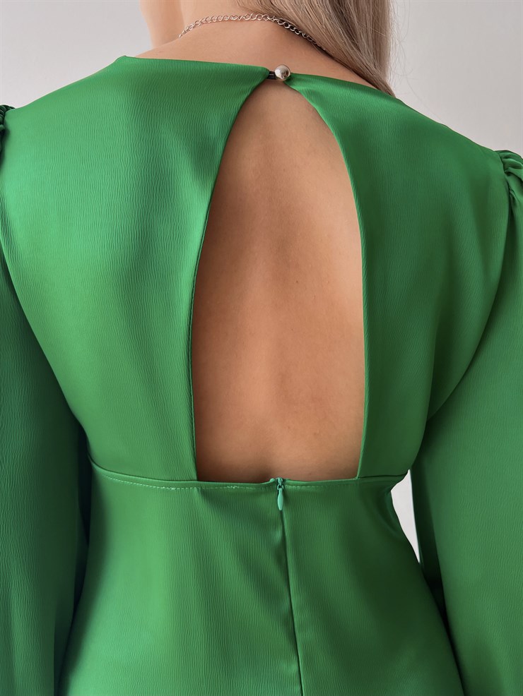 V Yaka Düğme Detay Uzun Kollu Nerolia Kadın Zümrüt Elbise 23K000089