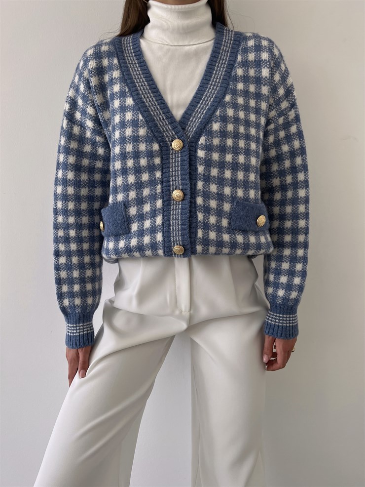 V Yaka Düğme Kapamalı Kare Desenli Mertis Kadın İndigo Hırka 23K000251