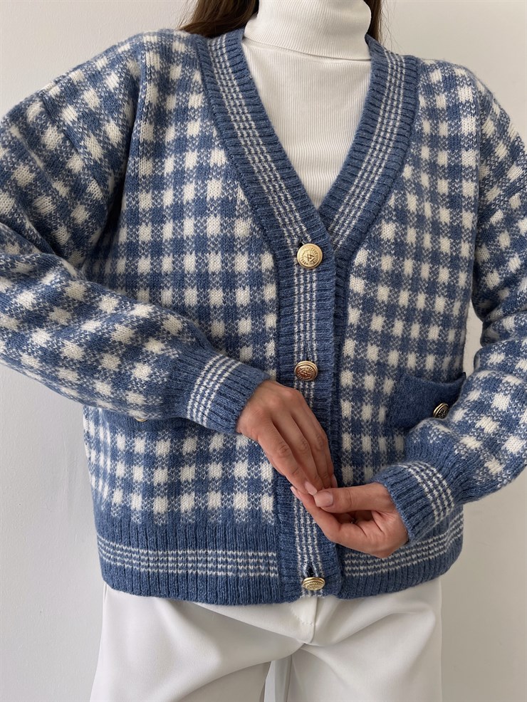 V Yaka Düğme Kapamalı Kare Desenli Mertis Kadın İndigo Hırka 23K000251