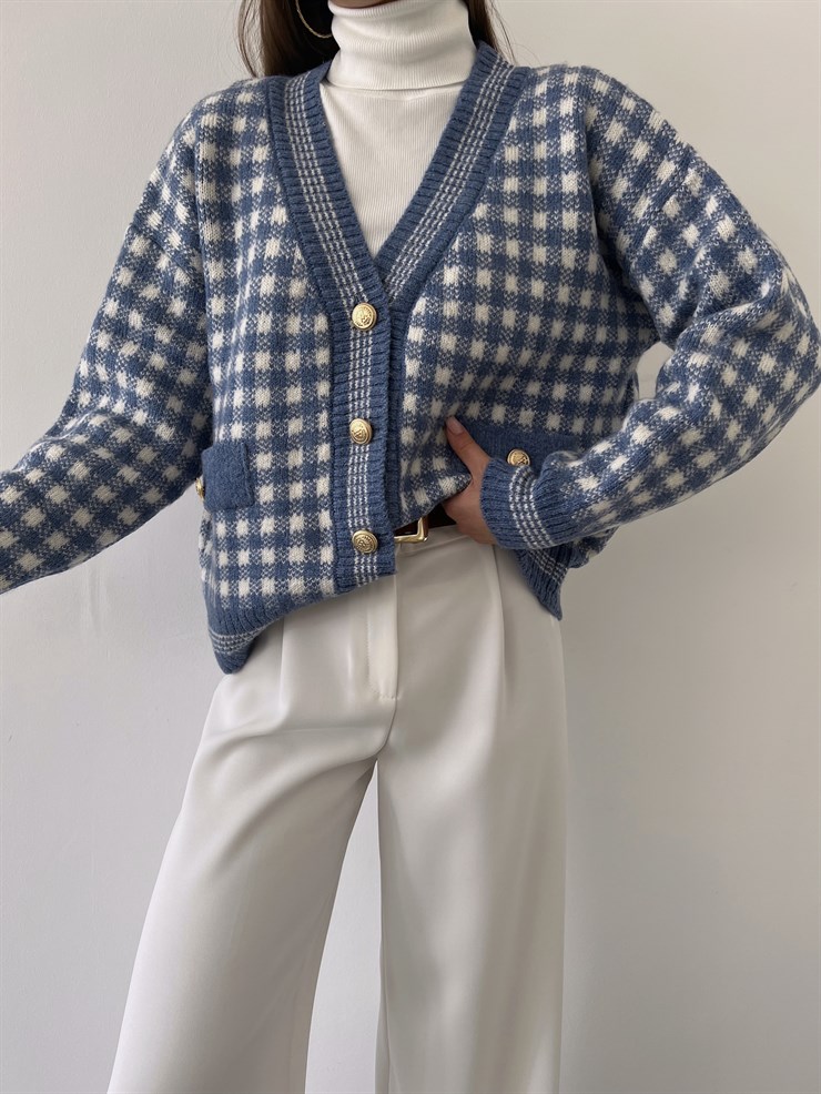 V Yaka Düğme Kapamalı Kare Desenli Mertis Kadın İndigo Hırka 23K000251