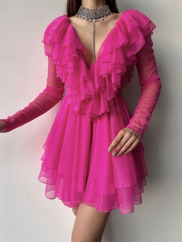 V Yaka Fırfırlı Uzun Tül Kol Elvira Kadın Fuşya Elbise 23K000378