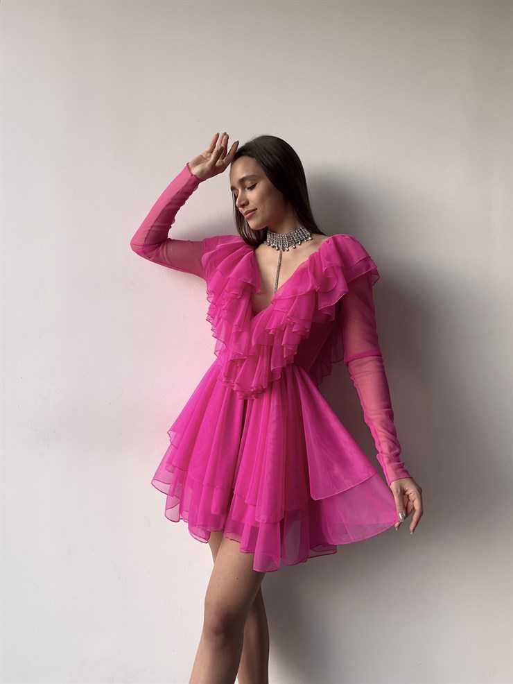 V Yaka Fırfırlı Uzun Tül Kol Elvira Kadın Fuşya Elbise 23K000378