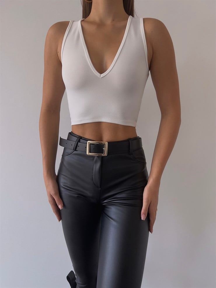 V Yaka Kalın Askılı Jaime Kadın Beyaz Crop 22Y000216