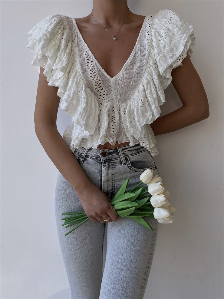 V Yaka Kolları Fırfırlı Preston Kadın Beyaz Dantel Bluz 22Y000294