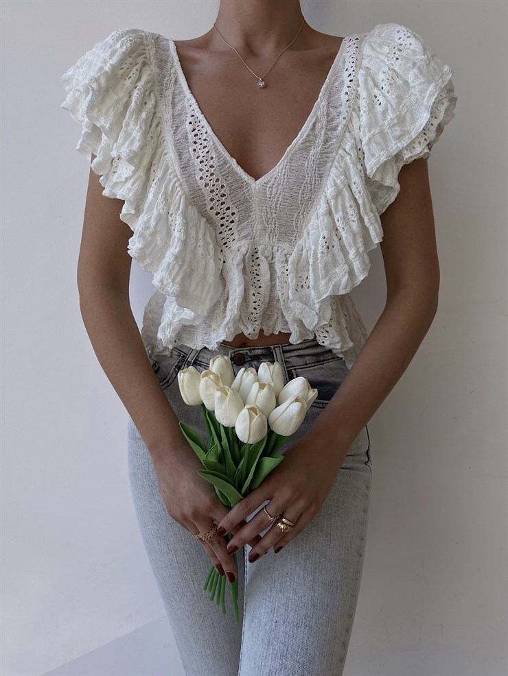 V Yaka Kolları Fırfırlı Preston Kadın Beyaz Dantel Bluz 22Y000294