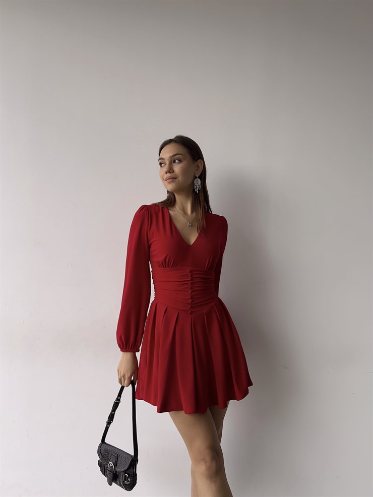 V Yaka Ön Düğme Detaylı Dahlia Kadın Kırmızı Elbise 23K000360