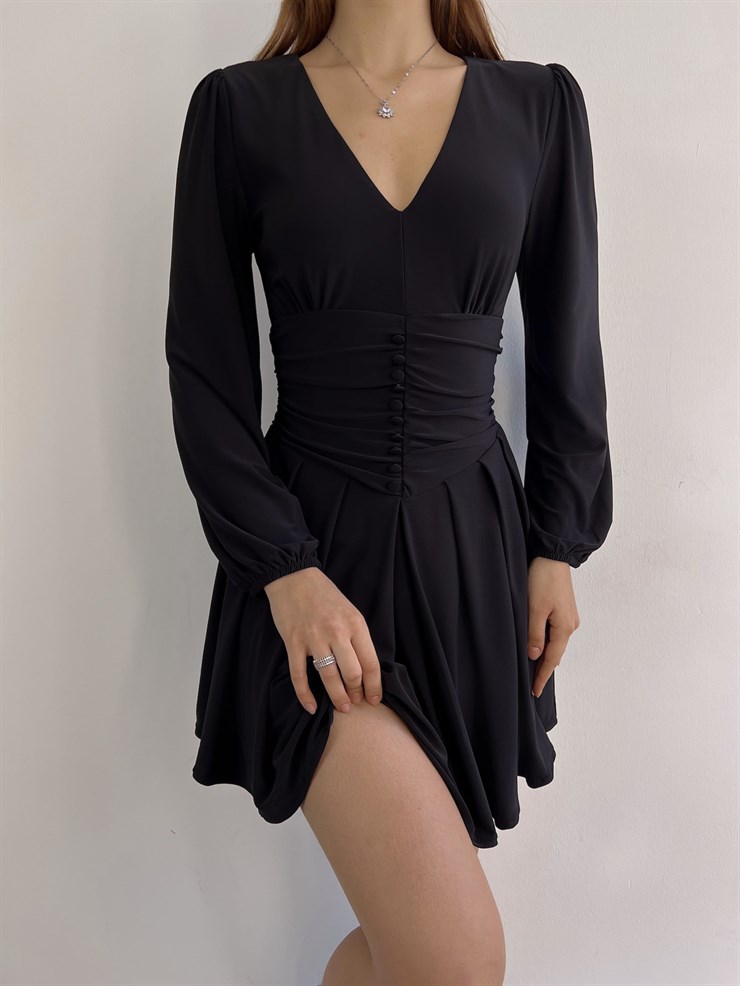 V Yaka Ön Düğme Detaylı Dahlia Kadın Siyah Elbise 23K000360