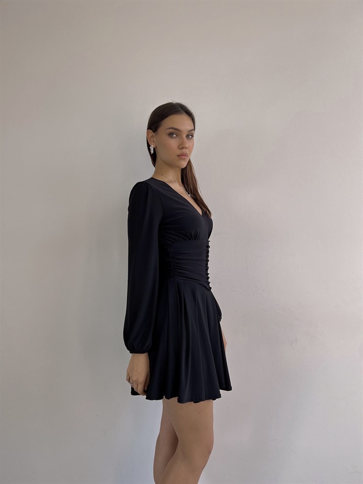 V Yaka Ön Düğme Detaylı Dahlia Kadın Siyah Elbise 23K000360