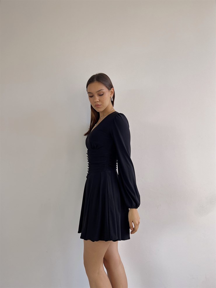 V Yaka Ön Düğme Detaylı Dahlia Kadın Siyah Elbise 23K000360