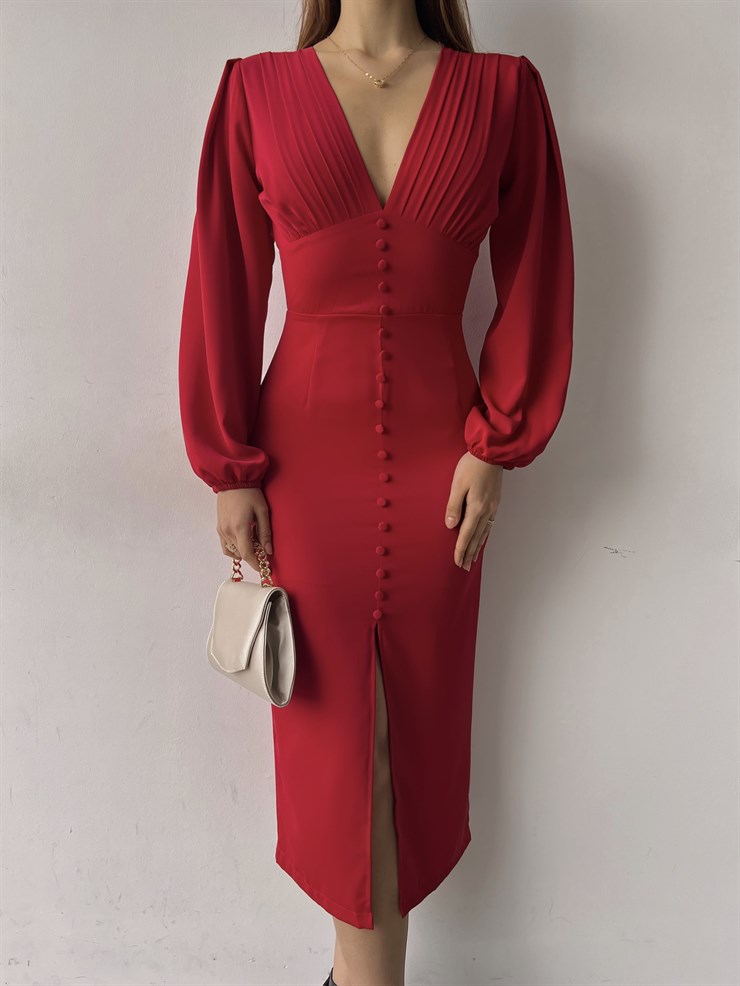 V Yaka Önden Yırtmaçlı Uzun Kol Berry Kadın Kırmızı Elbise 23K000361