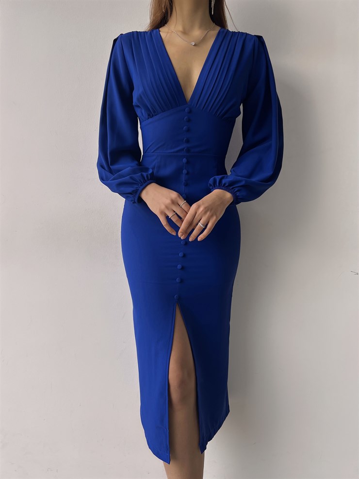 V Yaka Önden Yırtmaçlı Uzun Kol Berry Kadın Saks Elbise 23K000361