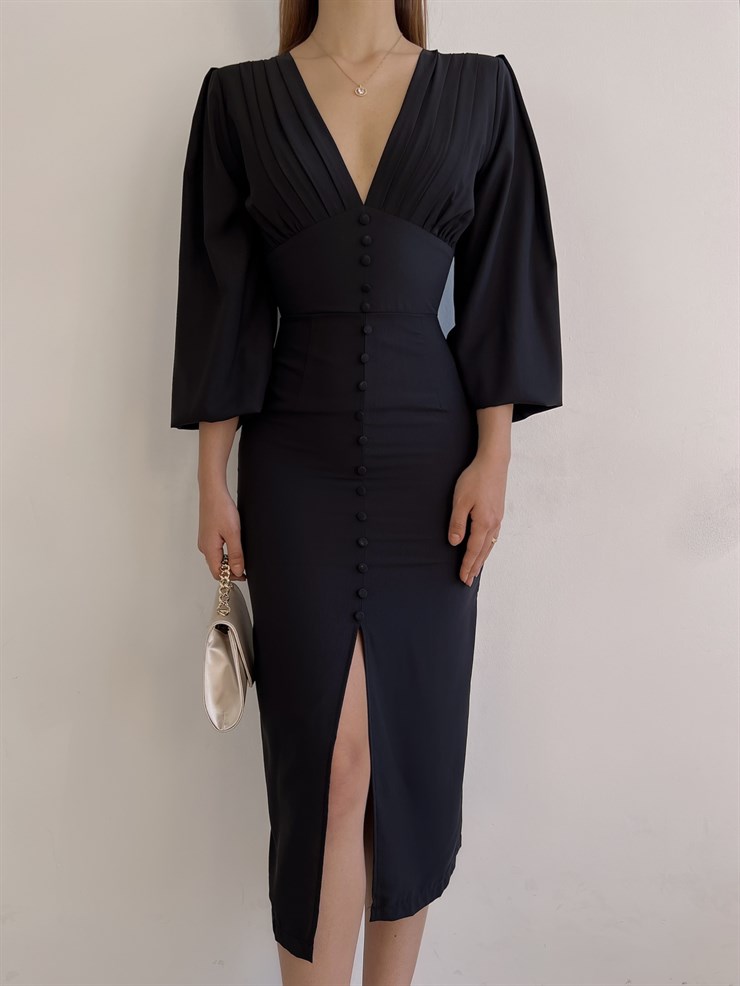 V Yaka Önden Yırtmaçlı Uzun Kol Berry Kadın Siyah Elbise 23K000361