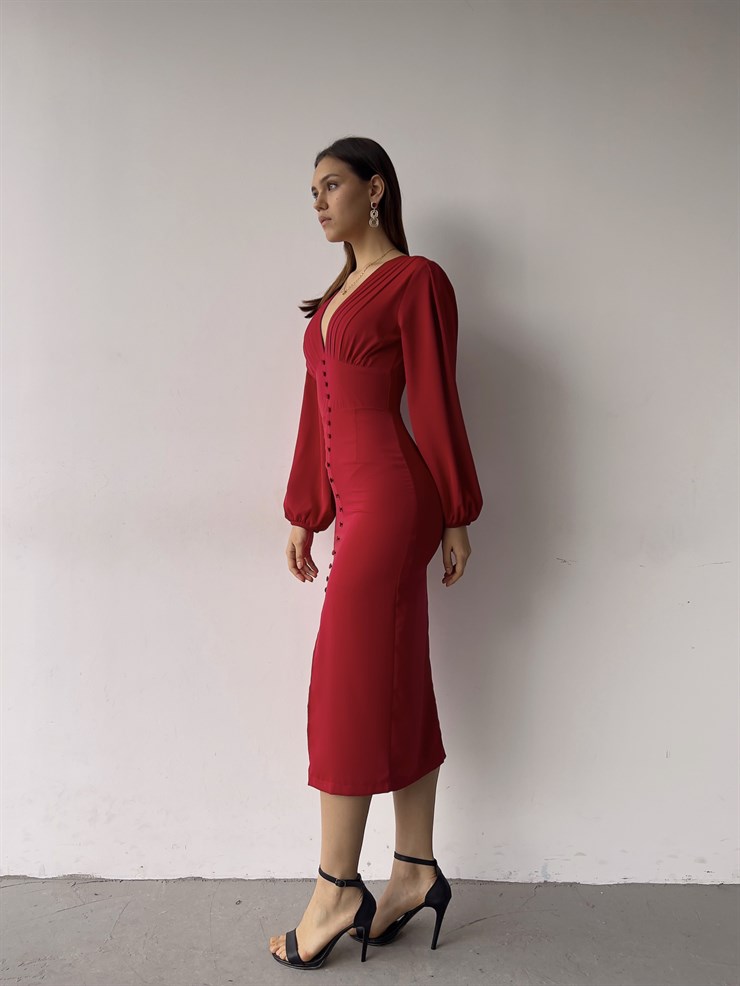 V Yaka Önden Yırtmaçlı Uzun Kol Berry Kadın Kırmızı Elbise 23K000361