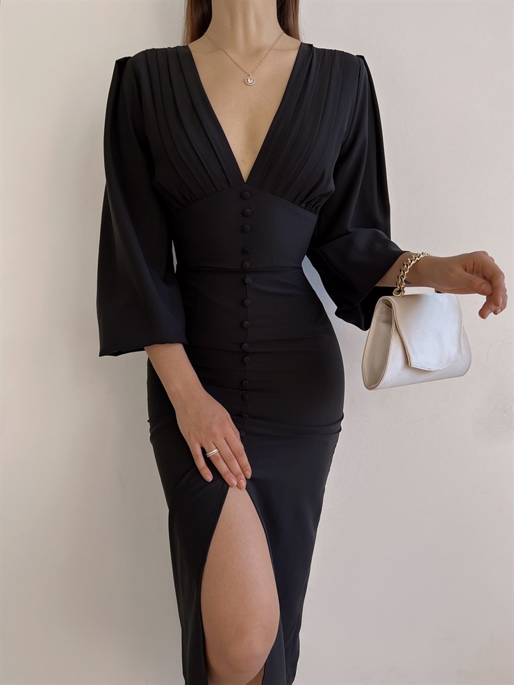 V Yaka Önden Yırtmaçlı Uzun Kol Berry Kadın Siyah Elbise 23K000361