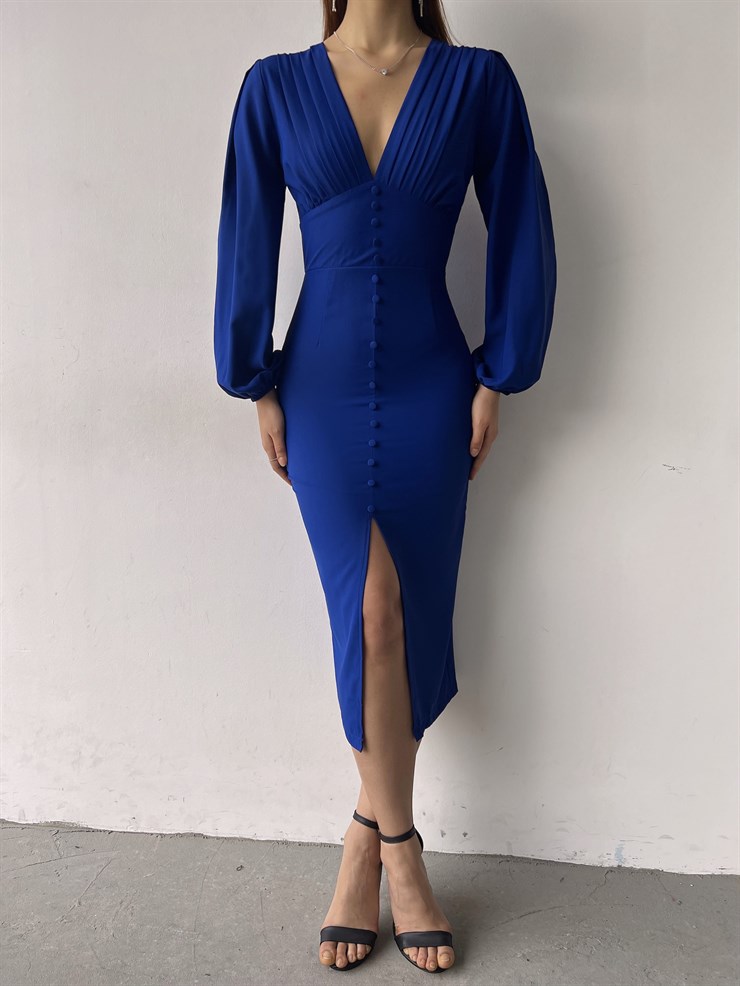 V Yaka Önden Yırtmaçlı Uzun Kol Berry Kadın Saks Elbise 23K000361