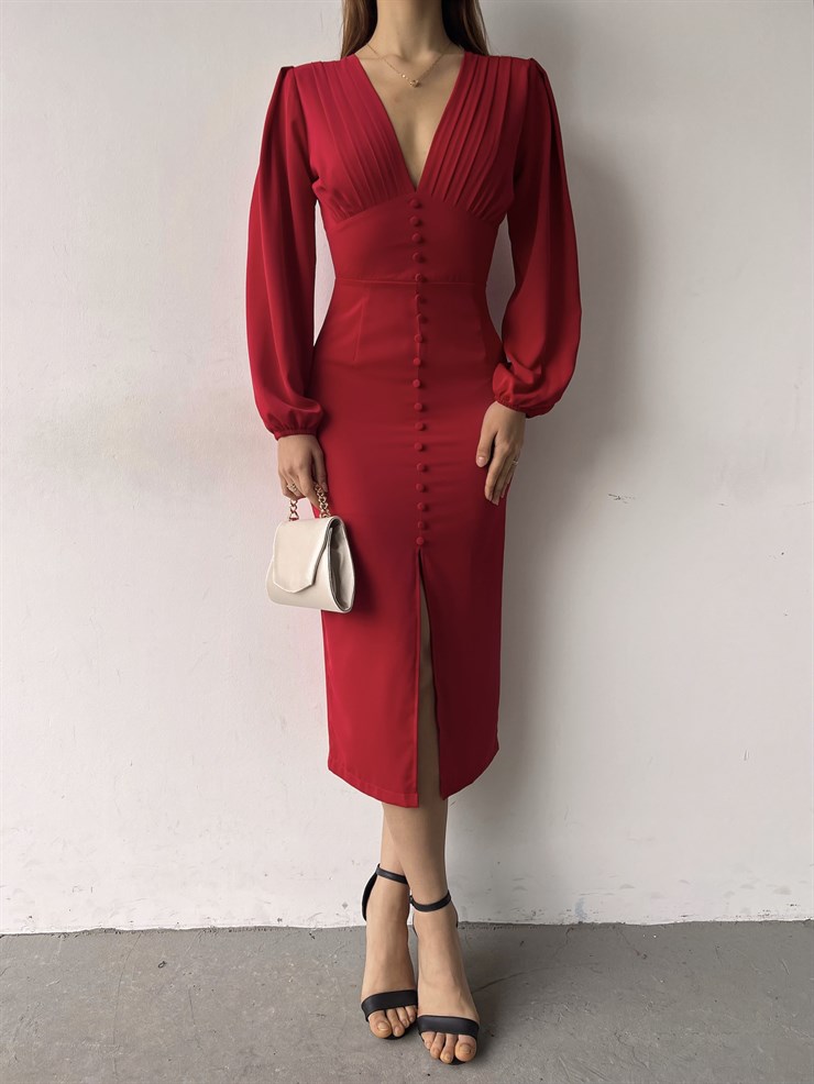 V Yaka Önden Yırtmaçlı Uzun Kol Berry Kadın Kırmızı Elbise 23K000361