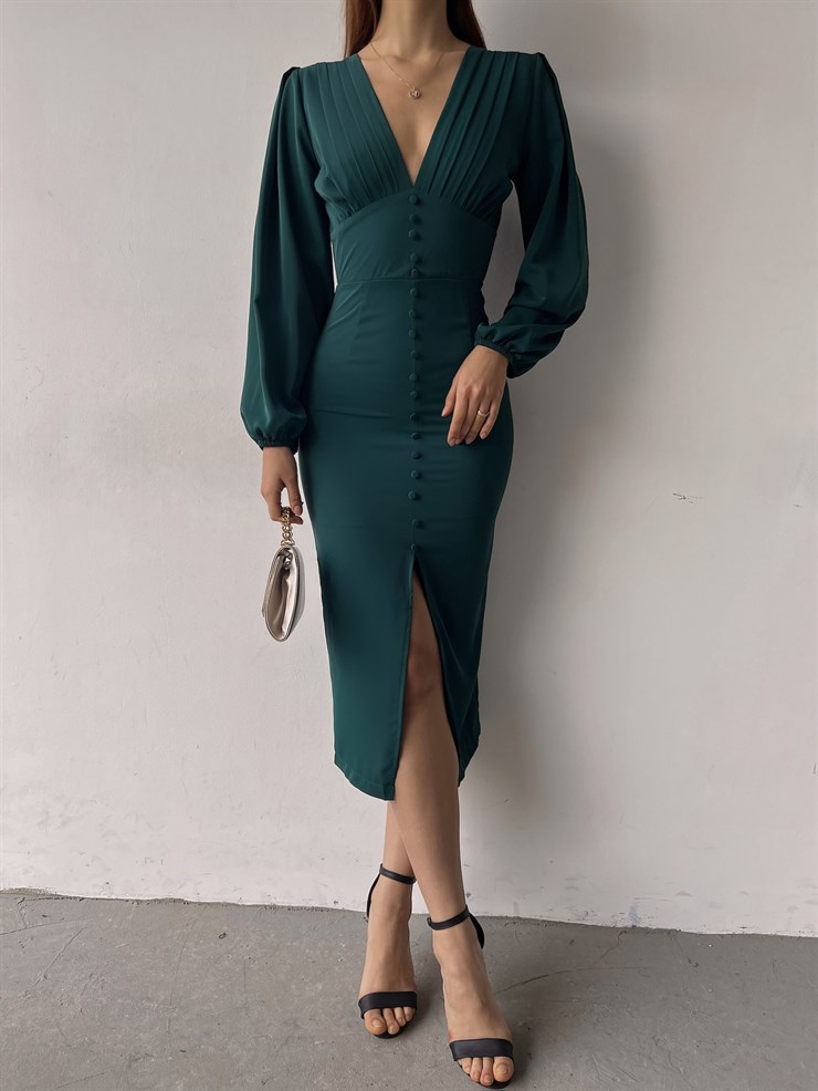 V Yaka Önden Yırtmaçlı Uzun Kol Berry Kadın Zümrüt Elbise 23K000361