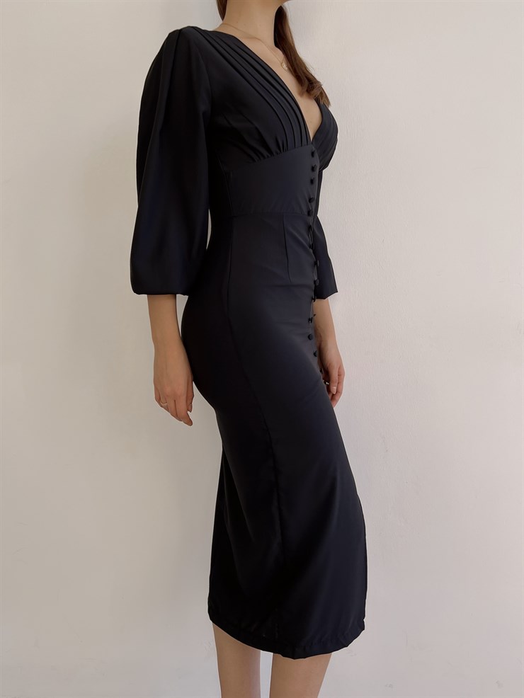 V Yaka Önden Yırtmaçlı Uzun Kol Berry Kadın Siyah Elbise 23K000361