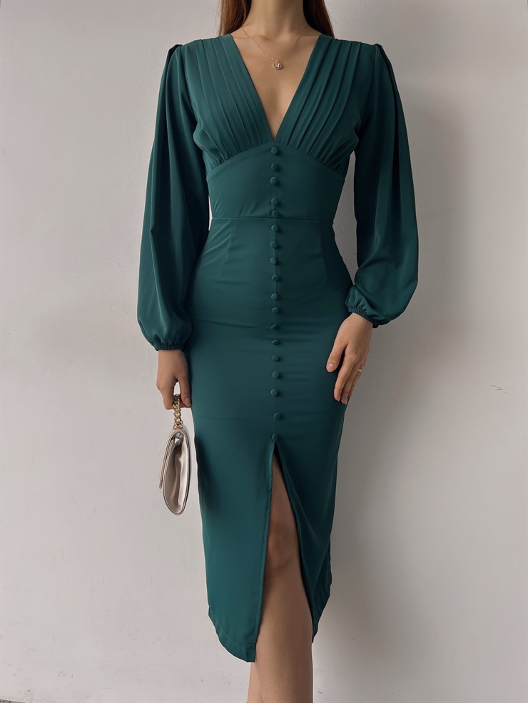 V Yaka Önden Yırtmaçlı Uzun Kol Berry Kadın Zümrüt Elbise 23K000361