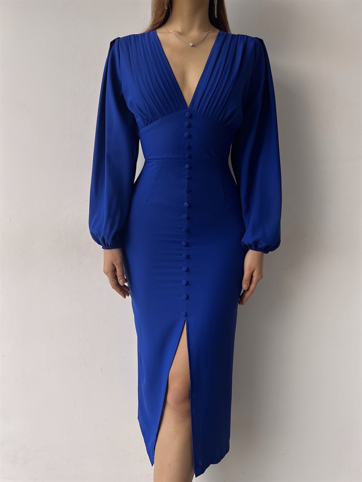 V Yaka Önden Yırtmaçlı Uzun Kol Berry Kadın Saks Elbise 23K000361