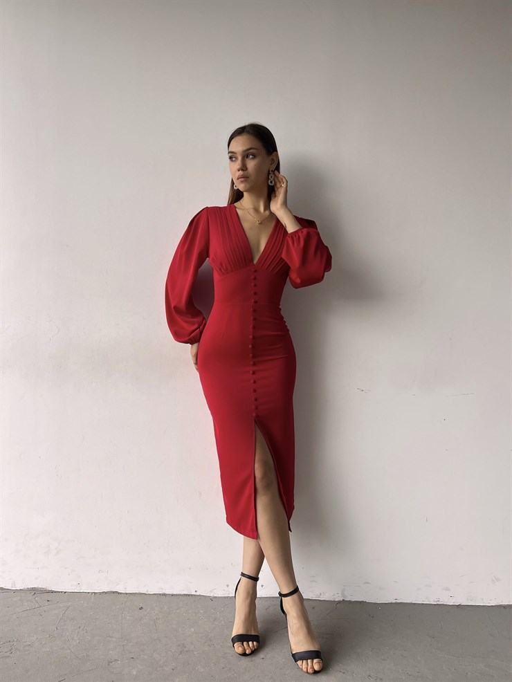 V Yaka Önden Yırtmaçlı Uzun Kol Berry Kadın Kırmızı Elbise 23K000361